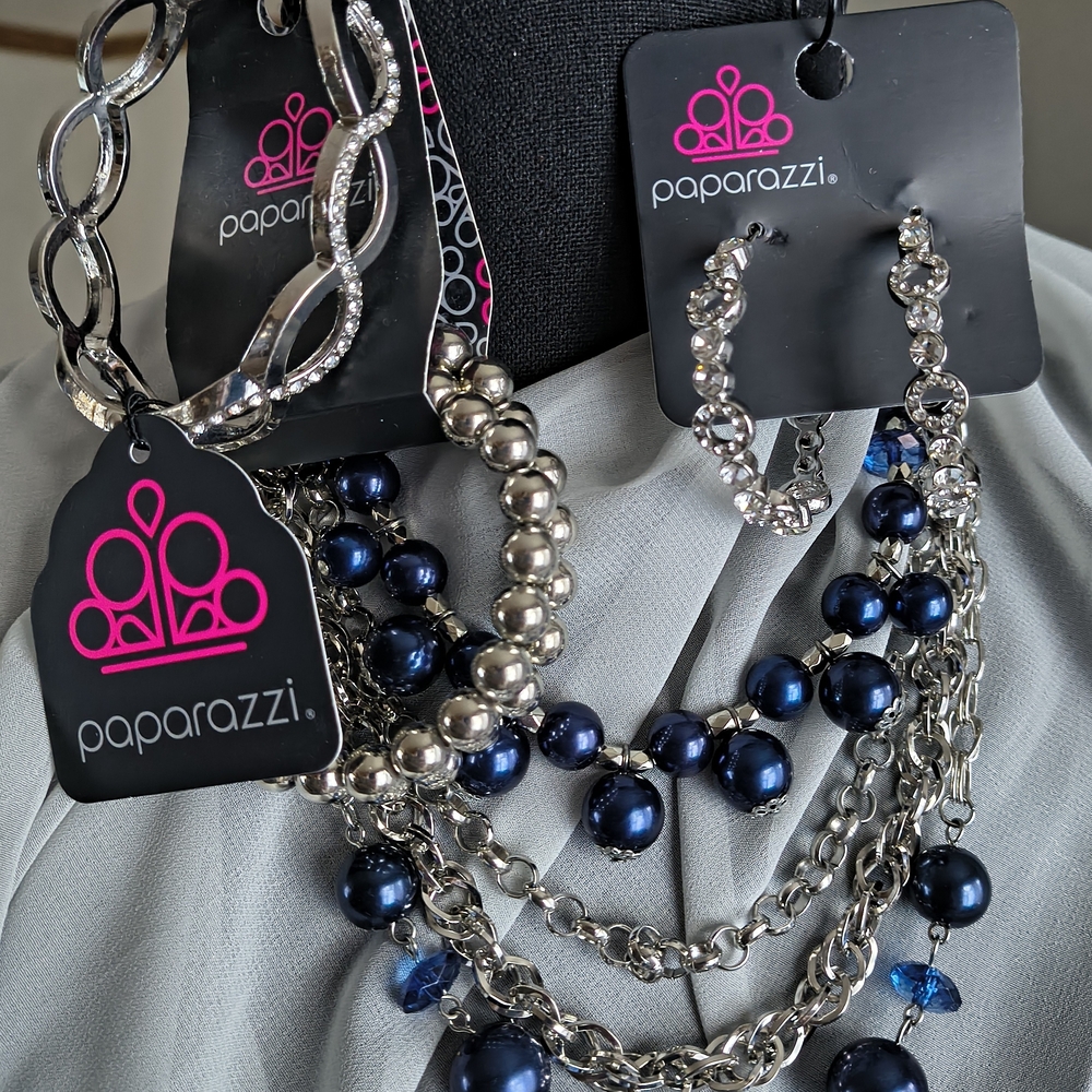 Blue And Crystal Like Silver Classic Layered Elegant Necklace Set